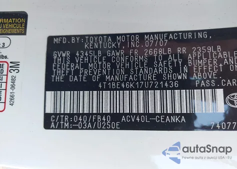 2007 Toyota Camry Le из США, поврежденный, VIN 4T1BE46K17U721436